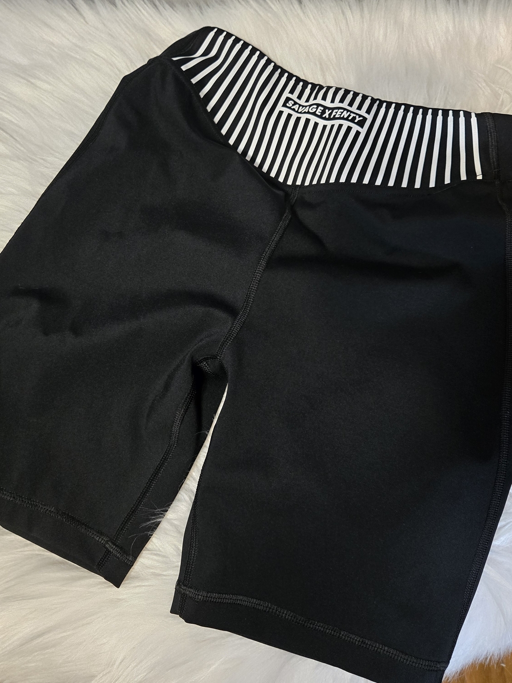 Savage X Fenty Black Biker Shorts with Black-and-White Striped Waist